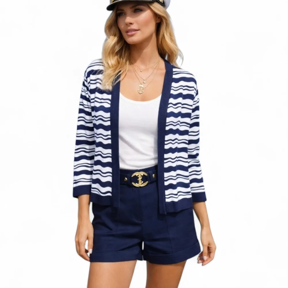 ANN TAYLOR Size Medium Navy White Stripe Cropped Open Front Cardigan Sweater NEW